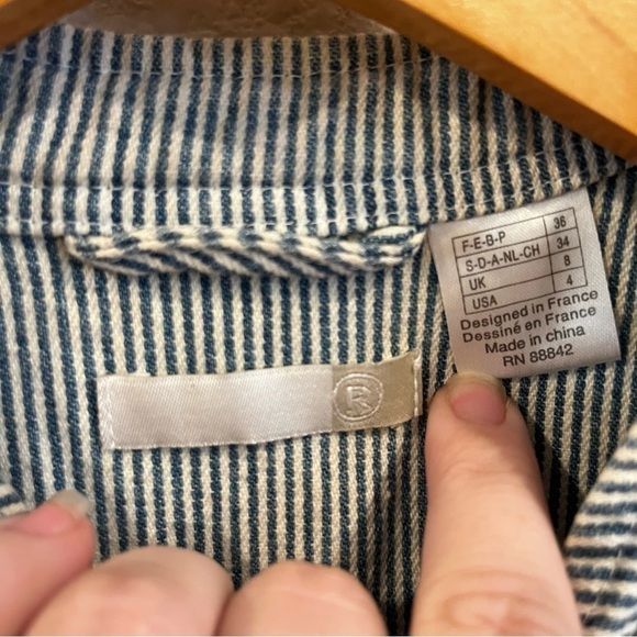 R blue and white stripe cotton denim chambray military jacket size 4 - Picture 4 of 12